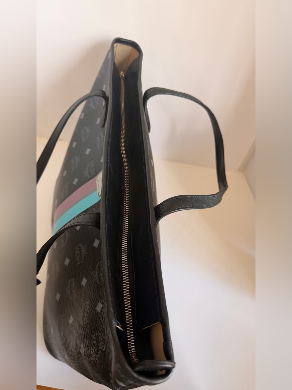 MCM Black Logo Stripe Tote with Purple and Aqua Accents - Picture 11 of 13